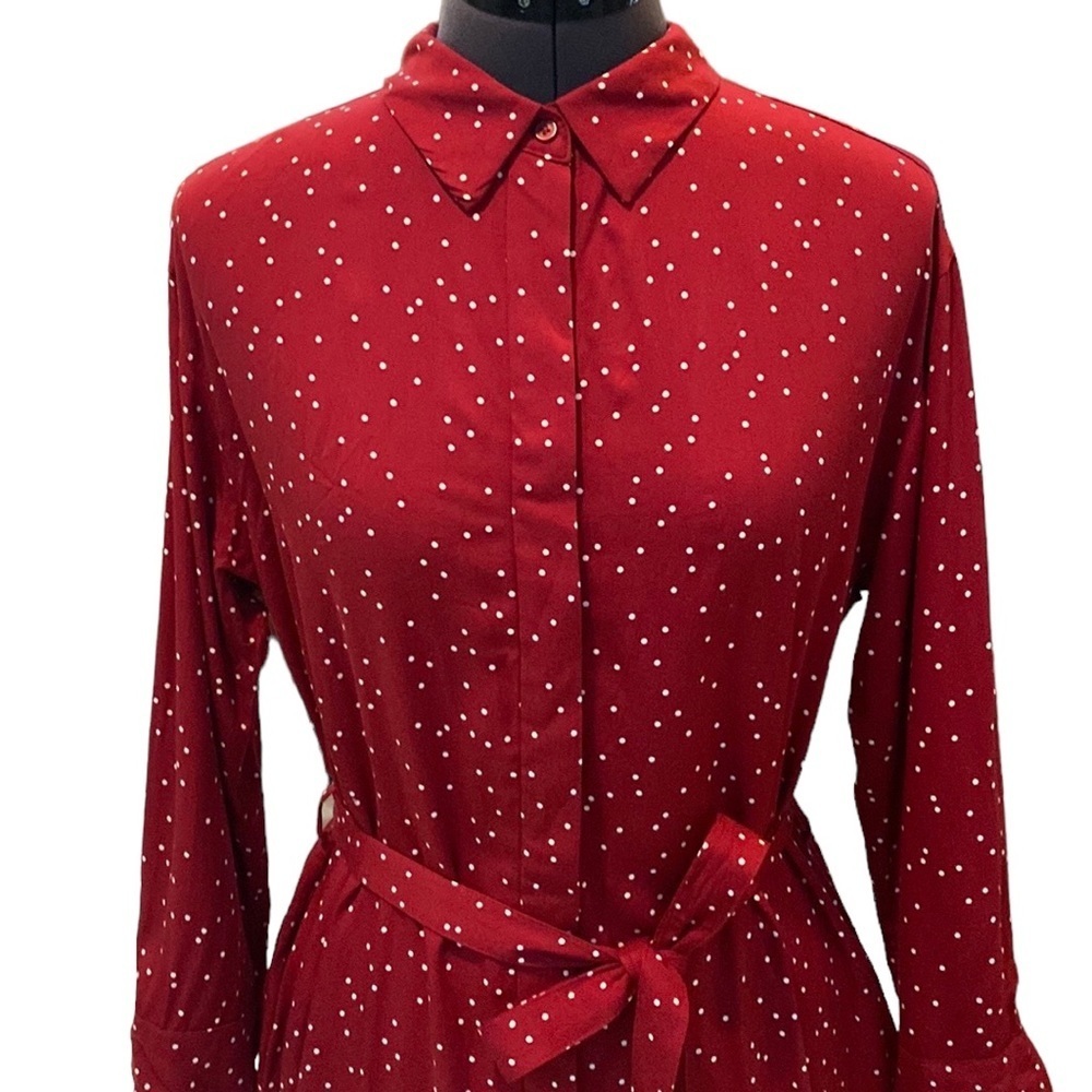 Uniqlo RED/White Polka Dots Long Sleeve Dress Buttons Down Belts attached Sz XS - Picture 7 of 16